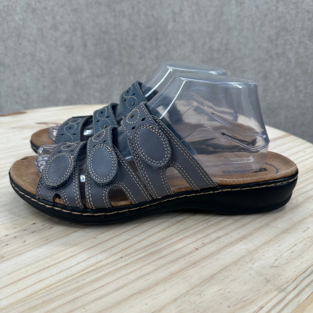 Clarks Collection Slide Sandals Womens 9 Blue Leather Triple Strap Laser Cut